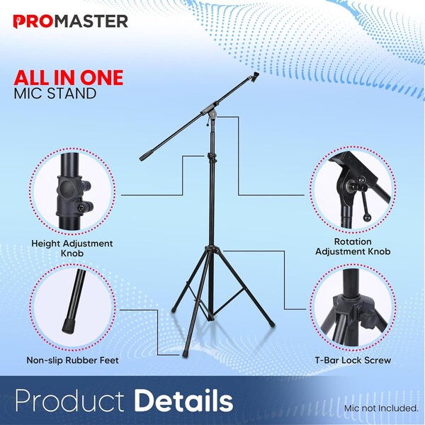 Promaster Tripod Microphone Stand, Adjustable Telescopic Gooseneck, Boom Arm, Universal 5/8in Adapter, Black - PRMSMICB