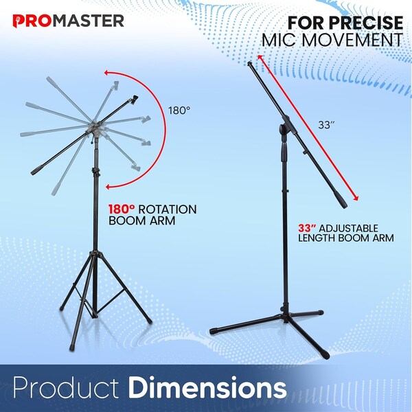 Promaster Tripod Microphone Stand, Adjustable Telescopic Gooseneck, Boom Arm, Universal 5/8in Adapter, Black - PRMSMICB