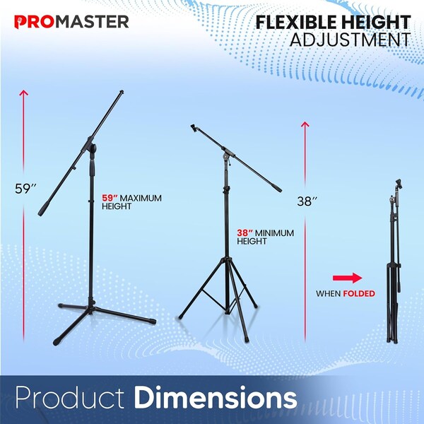 Promaster Tripod Microphone Stand, Adjustable Telescopic Gooseneck, Boom Arm, Universal 5/8in Adapter, Black - PRMSMICB