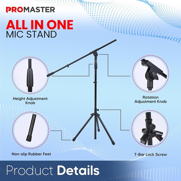 Promaster Tripod Microphone Stand, Portable, Adjustable Gooseneck, Lightweight Boom, Black - PRMSMIHL
