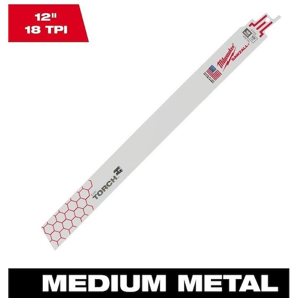 Milwaukee Tool Torch SAWZALL Series Reciprocating Saw Blade, 1 in W, 12 in L, 18 TPI, Bi-Metal Cutting Edge - 48-01-2789