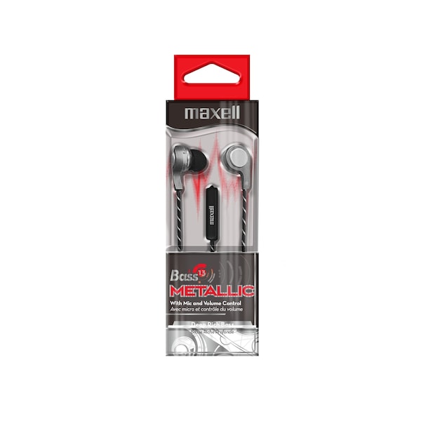 Maxell B13MS BASS IN-EAR WIRED EARBUD WITH INLINE MIC, VOLUME CONTROL 4FT CORD, METALLIC SILVER - 199600