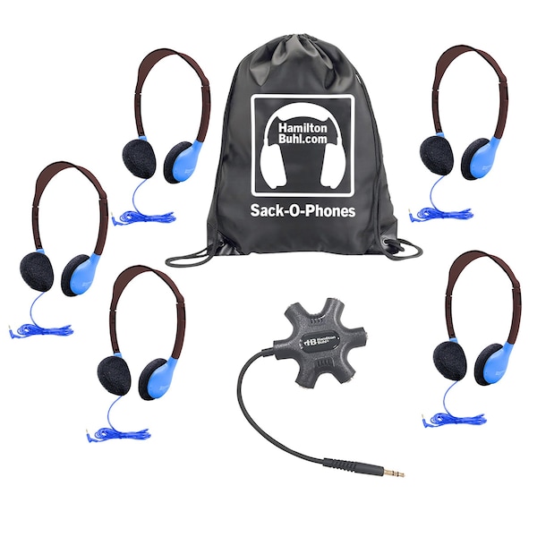 Hamiltonbuhl Galaxy Econo-Line of Sack-O-Phones w/5 Blue Personal-Sized Headphones, StarfishJackbox, Carry Bag, 7PK - GJB5HA2BLU
