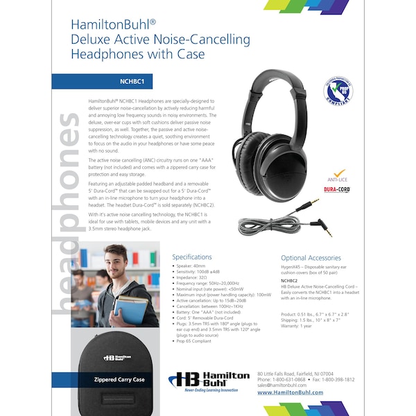 Hamiltonbuhl Deluxe Active Noise-Cancelling Headphones with Case - NCHBC1