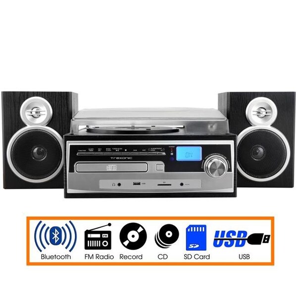 Trexonic Trexonic TRX-28SP 3-Speed Turntable with CD Player; FM Radio; Bluetooth & Wired Shelf Speakers - TRX-28SP