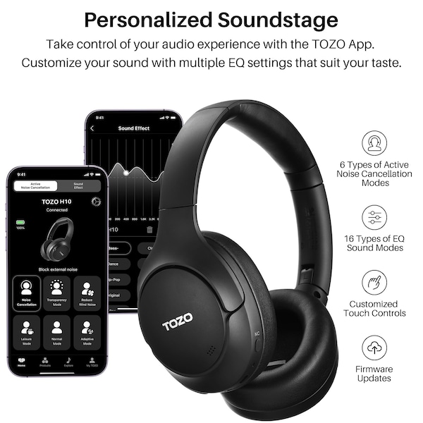 Tozo H10 Hybrid Active Noise Cancelling Wireless Headphones Black - TOZOH10BLK