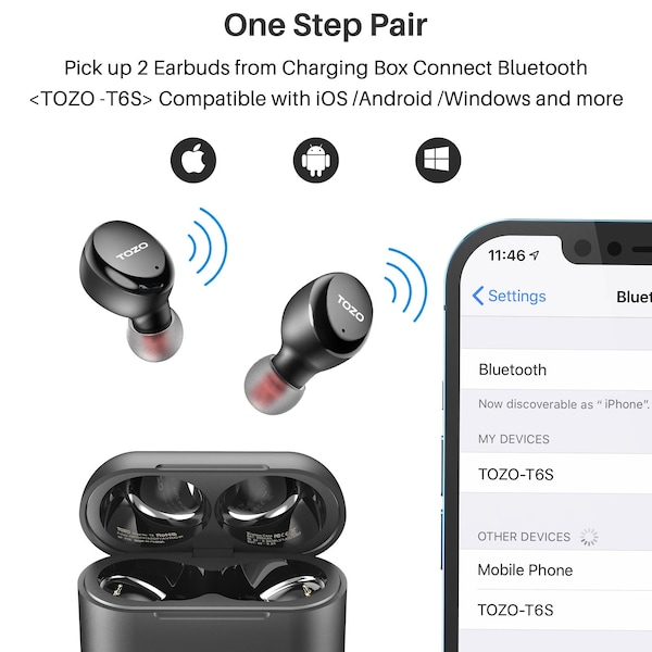 Tozo T6S Wireless Earbuds IPX8 Waterproof TWS Build In Mic Active Noise Control Bluetooth - TOZOT6SBLK