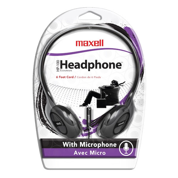 Maxell HP-100M OPP WIRED HEADPHONE WITH MIC, 6FT CORD BLACK - 199845