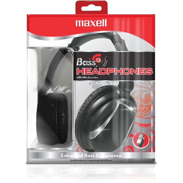 Maxell Headphone, w/ microphone, Bass 13, 3"Wx6-2/5"Lx7-1/4"H, BK - MAX199840