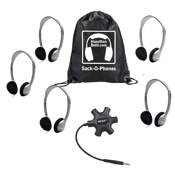 Hamiltonbuhl Galaxy Econo-Line of Sack-O-Phones w/5 Personal-Sized HA2 Headphones, Starfish Jackbox, Carry Bag, 7PK - GJB5HA2
