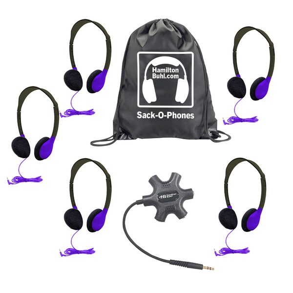 Hamiltonbuhl Galaxy Econo-Line of Sack-O-Phones w/5 Purple Personal-Sized Headphone, StarfishJackbox, CarryBag, 7PK - GJB5HA2PPL