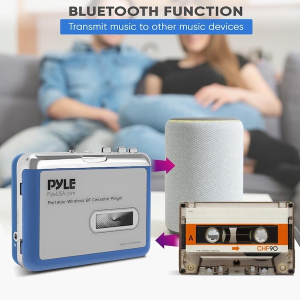 Pyle Portable Wireless BT Cassette Player - Lid Switcher, AUX Port w/ LED Indicator - PCASRSD18BT