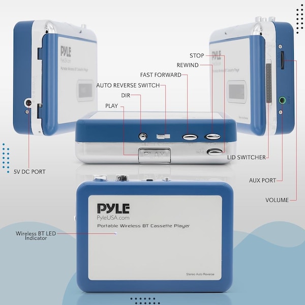 Pyle Portable Wireless BT Cassette Player - Lid Switcher, AUX Port w/ LED Indicator - PCASRSD18BT