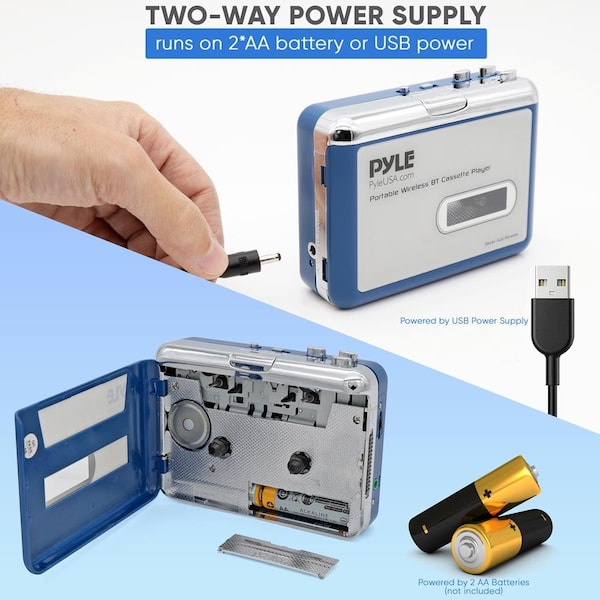 Pyle Portable Wireless BT Cassette Player - Lid Switcher, AUX Port w/ LED Indicator - PCASRSD18BT