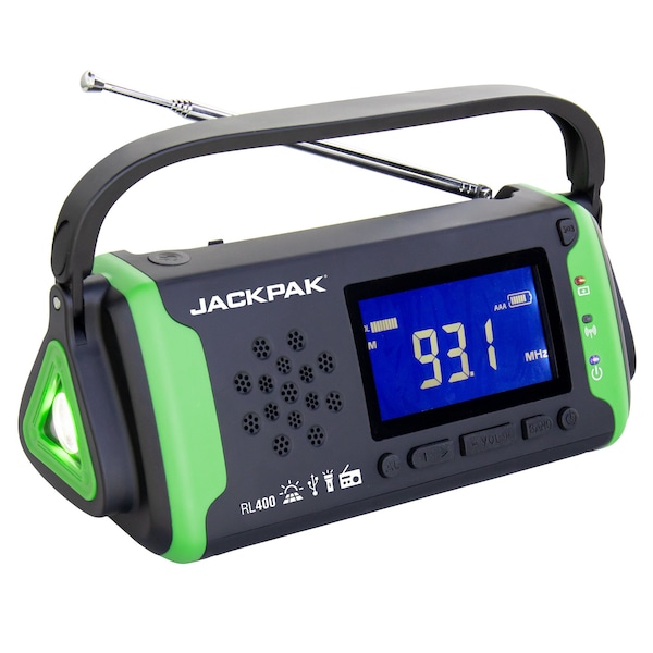 Jackpak Radio/4000 mAh/Weather/AUX Music Player/Flashlight/SOS/Wall Charger, Hand Crank, Solar Panel/USB - 5180417