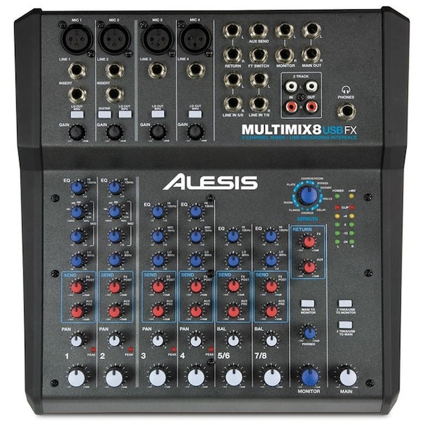 Alesis Eight-channel mixer w/mic, line, & guitar-level inputs 16-bit, 44.1/48 kHz stereo USB output for ea - MULTIMIX8USBFX