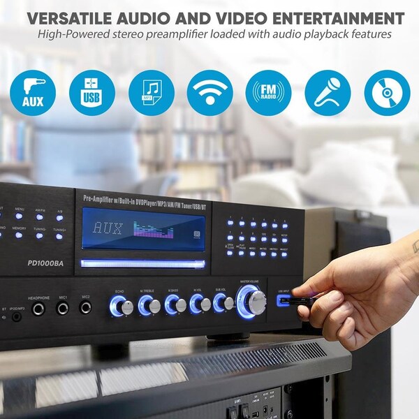 Pyle Bt Audio/Video Rec.Cd/Dvd Am/Fm MP3/Usb, PD1000BA - PD1000BA