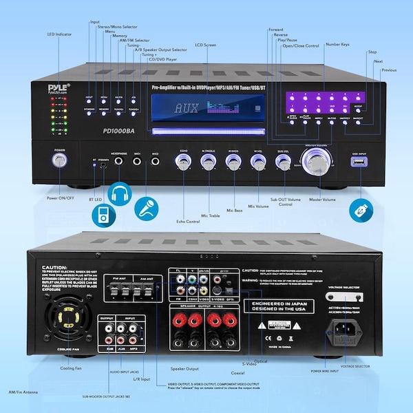 Pyle Bt Audio/Video Rec.Cd/Dvd Am/Fm MP3/Usb, PD1000BA - PD1000BA
