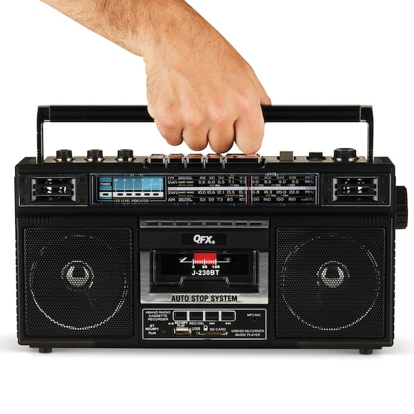 Qfx Bluetooth Cassette USB/SD Card/AM/FM/SW1-2 Radio Boom Box W/ Recording and Built-in Microphone, Blk - J-230BT