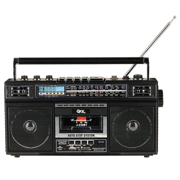 Qfx Bluetooth Cassette USB/SD Card/AM/FM/SW1-2 Radio Boom Box W/ Recording and Built-in Microphone, Blk - J-230BT
