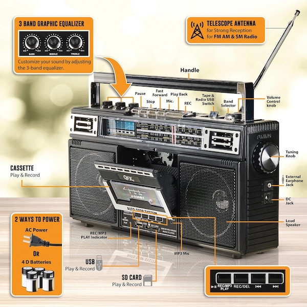 Qfx Bluetooth Cassette USB/SD Card/AM/FM/SW1-2 Radio Boom Box W/ Recording and Built-in Microphone, Blk - J-230BT