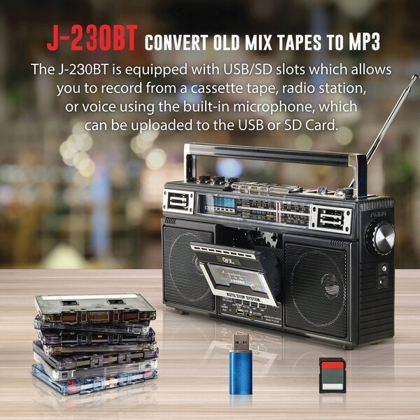 Qfx Bluetooth Cassette USB/SD Card/AM/FM/SW1-2 Radio Boom Box W/ Recording and Built-in Microphone, Blk - J-230BT