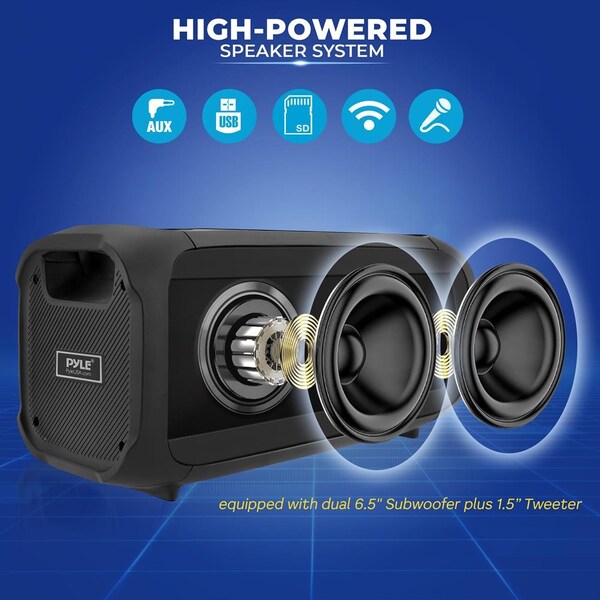 Pyle Wireless BT BoomBox Stereo Speaker System - Built-in Ring LED Lights, FM Radio/Aux/MP3/USB Flash Dri - PPHP652B