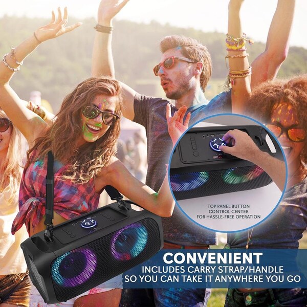 Pyle Wireless BT BoomBox Stereo Speaker System - Built-in Ring LED Lights, FM Radio/Aux/MP3/USB Flash Dri - PPHP652B