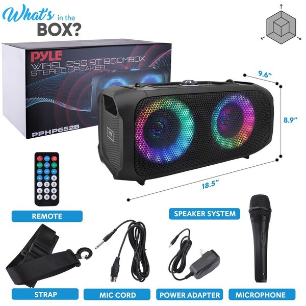 Pyle Wireless BT BoomBox Stereo Speaker System - Built-in Ring LED Lights, FM Radio/Aux/MP3/USB Flash Dri - PPHP652B