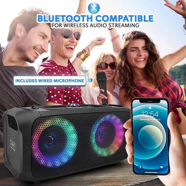 Pyle Wireless BT BoomBox Stereo Speaker System - Built-in Ring LED Lights, FM Radio/Aux/MP3/USB Flash Dri - PPHP652B