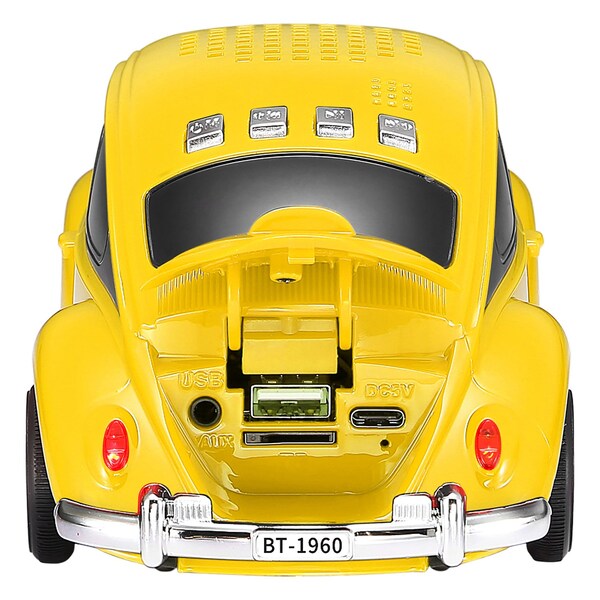 Qfx Retro Car Portable Bluetooth Speaker W/ Speakerphone, True Wireless, FM Radio & LED Lights, Yellow - BT-1960-YEL