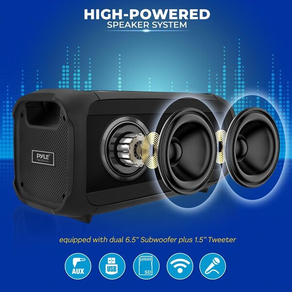 Pyle Wireless BT BoomBox Stereo Speaker System - Built-in Full Panel LED Lights, FM Radio/Aux/MP3/USB Fla - PPHP265DJB