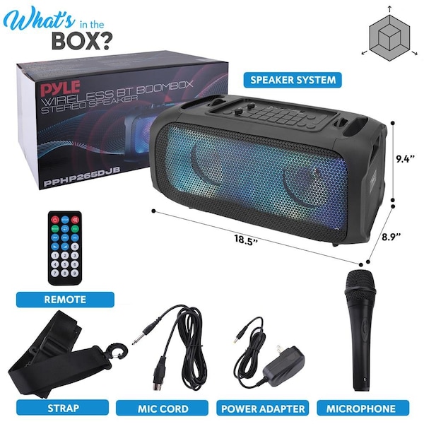 Pyle Wireless BT BoomBox Stereo Speaker System - Built-in Full Panel LED Lights, FM Radio/Aux/MP3/USB Fla - PPHP265DJB