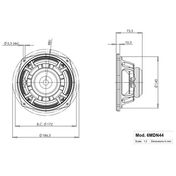 B And C 6.5-in Woofer w/8 Ohms Impedance & 400 Watts Continuous Power Handling Capacity & Neodymium Ring Ma - 6MDN44