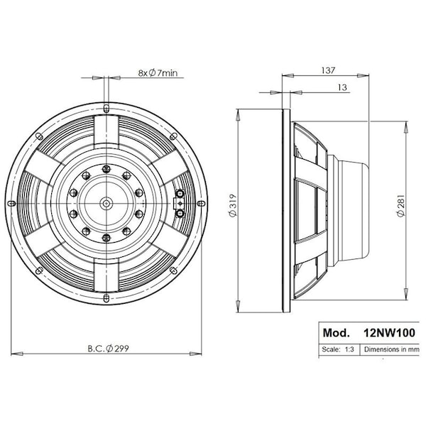 B And C High Power Woofer 8-Ohms w/Triple Roll Surround w/Neodymium Magnet - 12NW100-8
