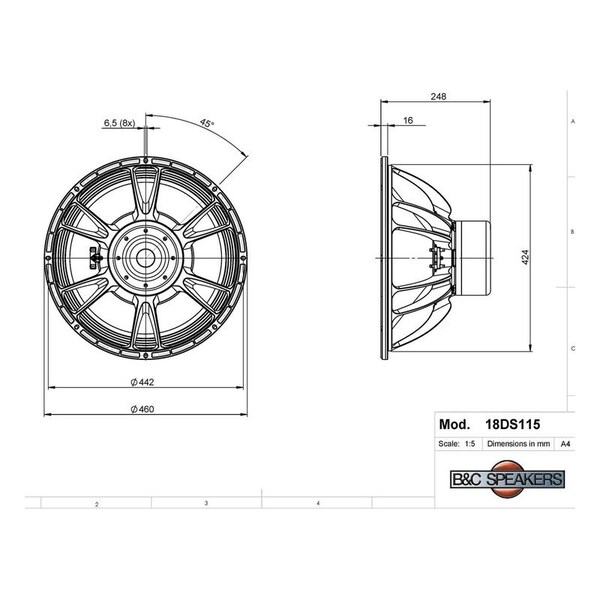 B And C 18-in Woofer w/3400 W continuous program power capacity 116 mm 4.5 in four layer aluminum voice c - 18DS115-4