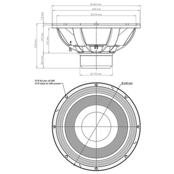 18 Sound 18-in 466 mm extended low frequency High Power loudspeaker, designed for use in vented, bandpass - 18NLW4500-8