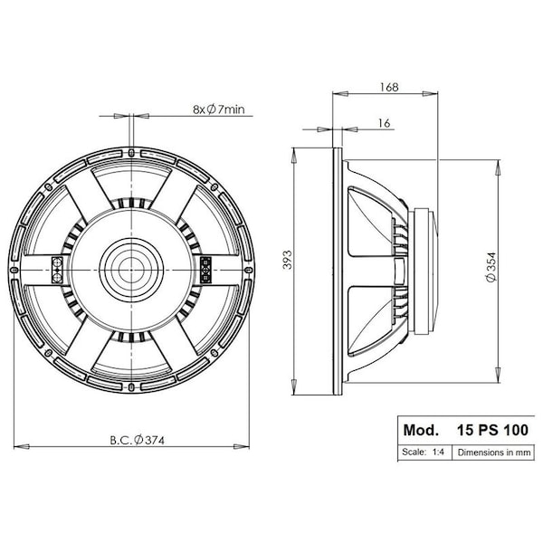 B And C 15-in Woofer w/8 Ohms Impedance & 1400 Watts Continuous Power Handling Capacity & Ferrite Magnet - 15PS100-8