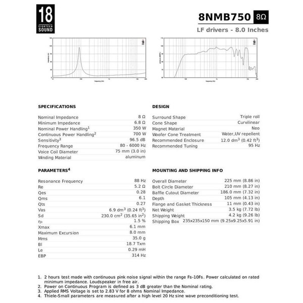 18 Sound 8-inch neodymium midbass driver that combines excellent linearity with high power handling 700 W, ve - 8NMB750-8