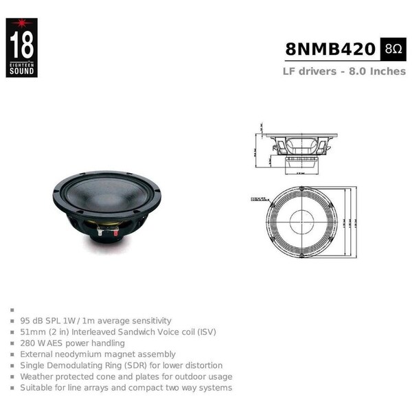 18 Sound 8-in High Power Low Frequency Driver with neodymium transducer 8 OHMS - 8NMB420-8