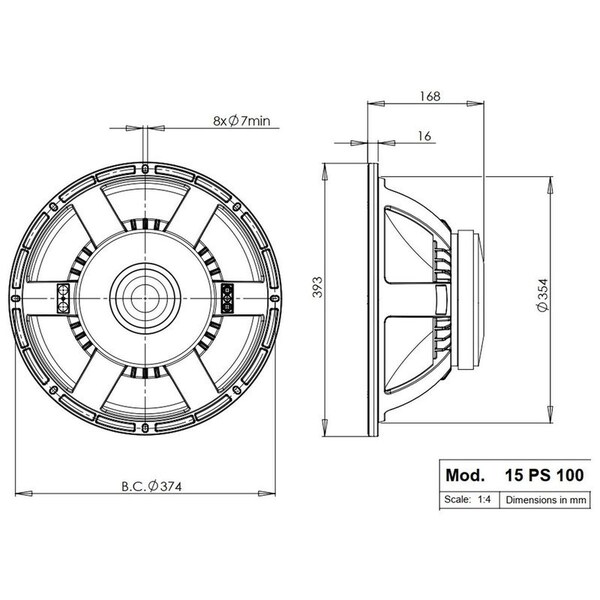B And C 15-in Woofer w/4 Ohms Impedance & 1400 Watts Continuous Power Handling Capacity & Ferrite Magnet - 15PS100-4