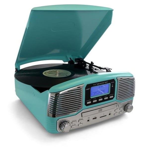 Trexonic Trexonic TRX-16TRQ Retro Wireless Bluetooth; Record & CD Player in Turquoise - TRX-16TRQ