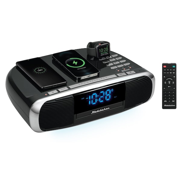 Studebaker Workstation Hi-Fi Music System with FM Radio, CD and Qi Wireless Charging Station, Black - SB5050B-PD