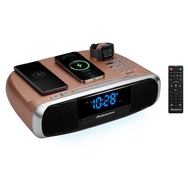 Studebaker Workstation Hi-Fi Music System with FM Radio, CD and Qi Wireless Charging Station, Rose/Gold - SB5050RG-PD