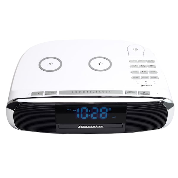 Studebaker Workstation Hi-Fi Music System with FM Radio, CD and Qi Wireless Charging Station, White - SB5050W-PD