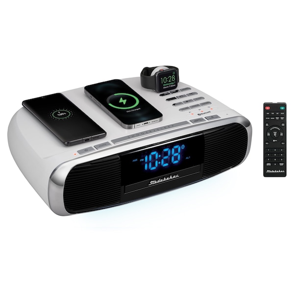 Studebaker Workstation Hi-Fi Music System with FM Radio, CD and Qi Wireless Charging Station, White - SB5050W-PD