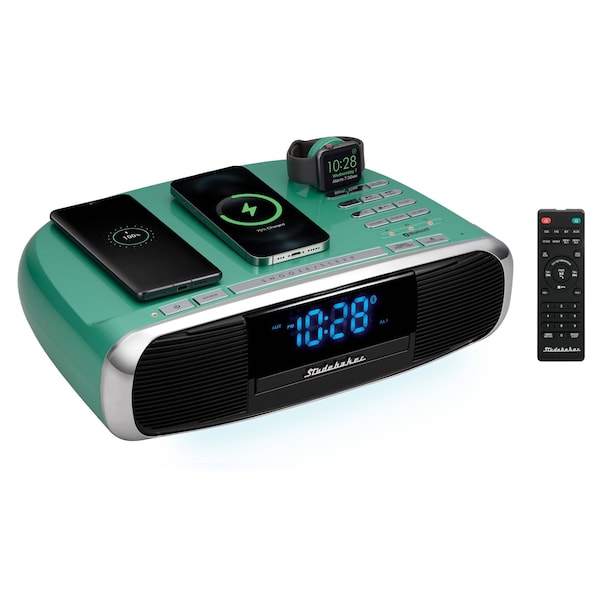 Studebaker Workstation Hi-Fi Music System with FM Radio, CD and Qi Wireless Charging Station, Teal - SB5050TE-PD