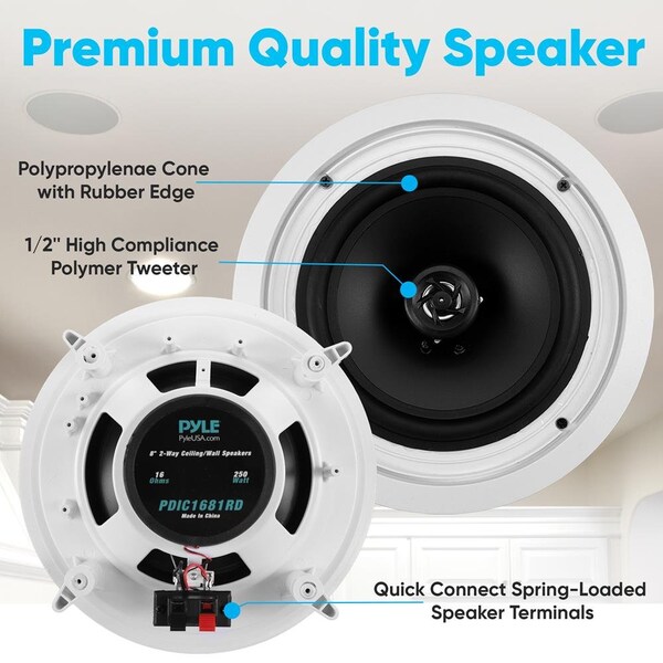 Pyle In-Wall / In-Ceiling Speakers, 2-Way Flush Mount Home Speaker Pair, 250 Watt - PDIC1681RD