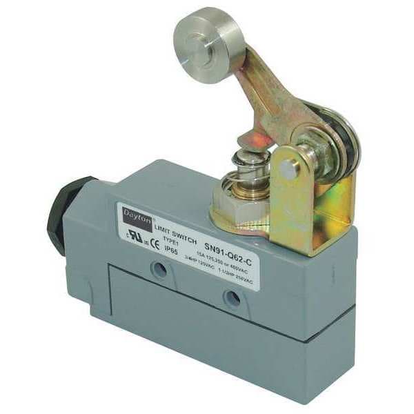 Interruptor de límite Dayton, émbolo, palanca de rodillo, SPDT, 15A @ 480V CA, Ubicación del actuador: Parte superior - 12T909