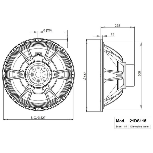 B And C 21-in Woofer w/8 Ohms Impedance & 3400 Watts Continuous Power Handling Capacity & Neodymium Magnet - 21DS115-8